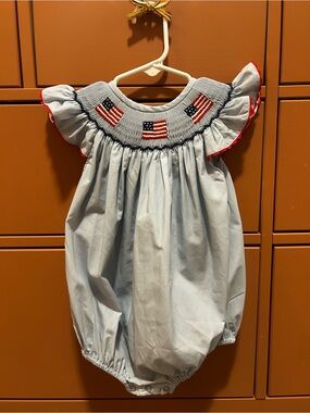 Baby Girls Light Blue Smocked American Flag One-Piece Romper
